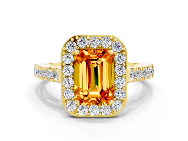 Yellow gold Emerald Cut Citrine Halo Ring with Round Pavé Split Shank and Prong Setting