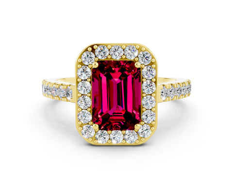 Yellow gold Emerald Cut Halo Diamond Ring with Pavé Band and Three-Prong Setting
