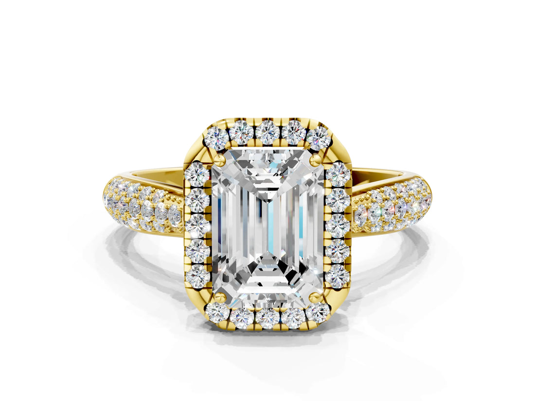 Yellow gold Emerald Cut Halo Diamond Ring with Pavé Band_22