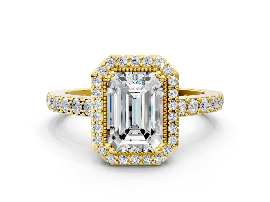 Yellow gold Emerald Cut Halo Diamond Ring with Pave Band and Four-Prong Setting_45