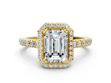 Yellow gold Emerald Cut Halo Diamond Ring with Pave Band and Four-Prong Setting_45