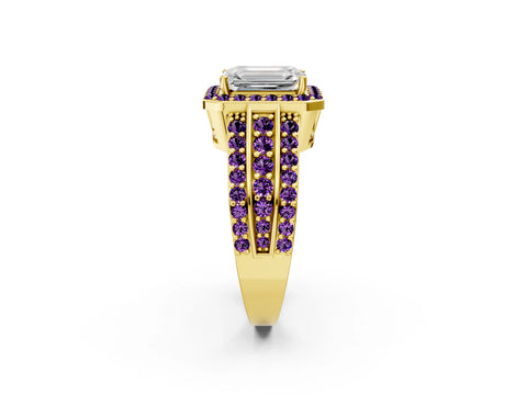 Yellow gold Emerald Cut Halo Diamond Ring with Round with Amethyst side stone Split Shank and Prong Setting_2