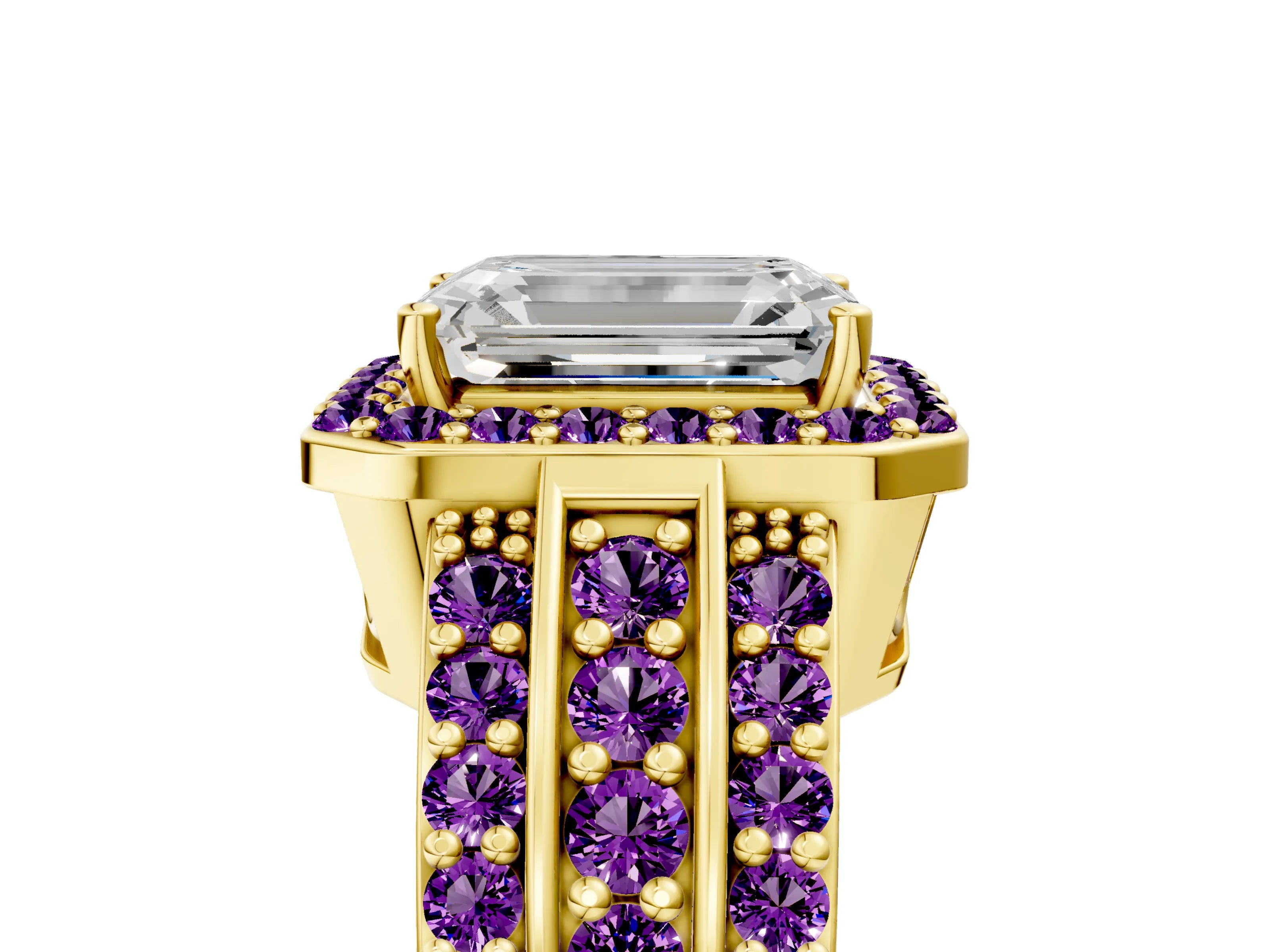 Yellow gold Emerald Cut Halo Diamond Ring with Round with Amethyst side stone Split Shank and Prong Setting_5