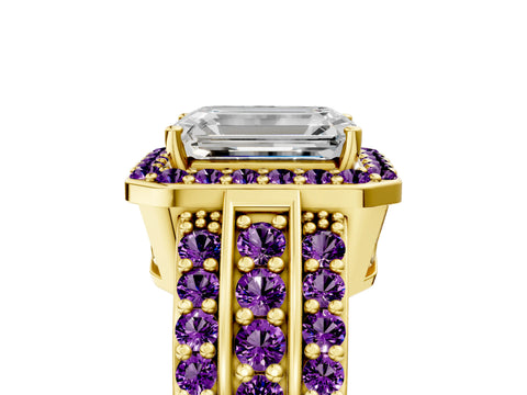 Yellow gold Emerald Cut Halo Diamond Ring with Round with Amethyst side stone Split Shank and Prong Setting_5