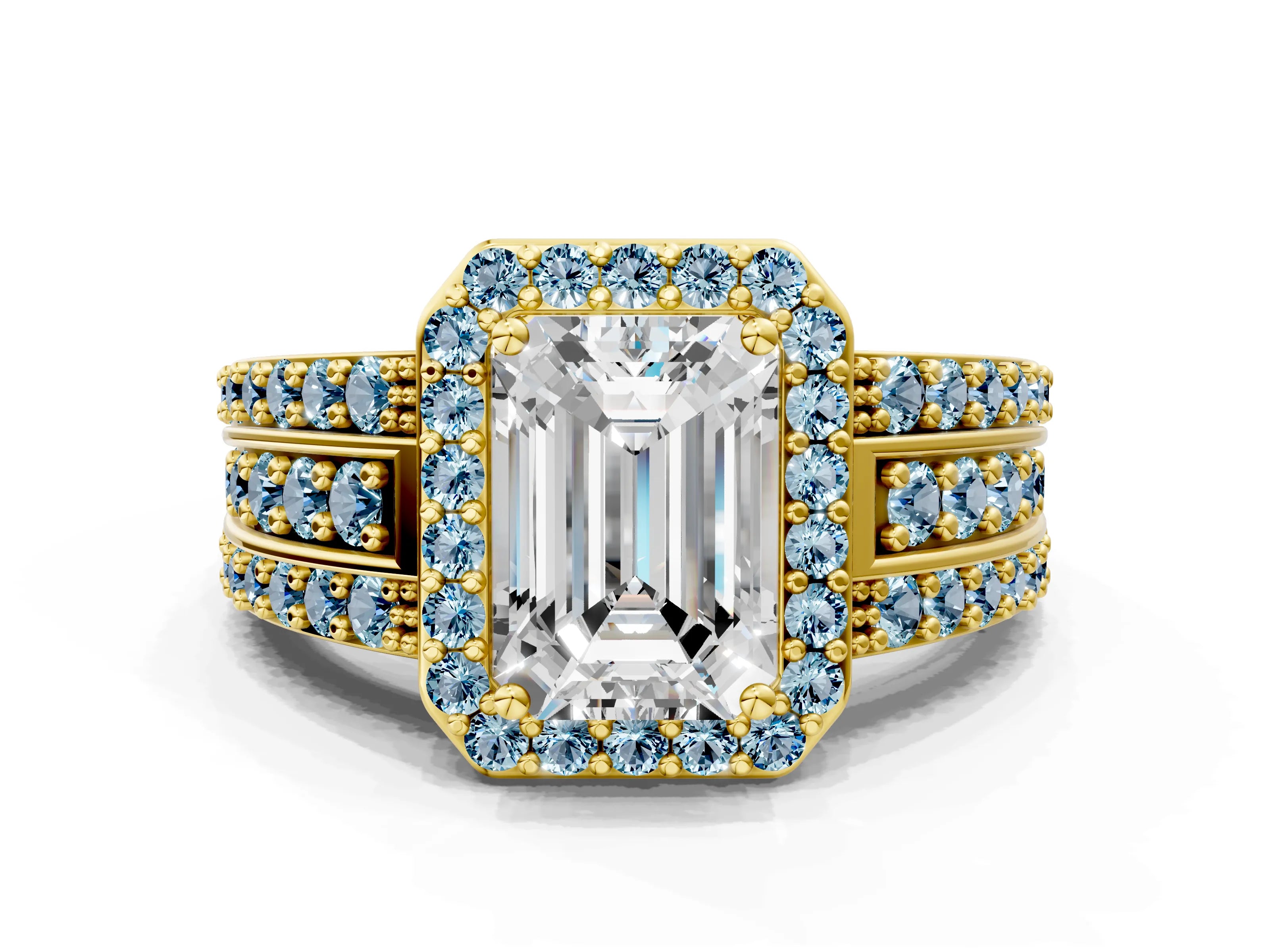 Yellow gold Emerald Cut Halo Diamond Ring with Round with Aquamarine side stone Split Shank and Prong Setting