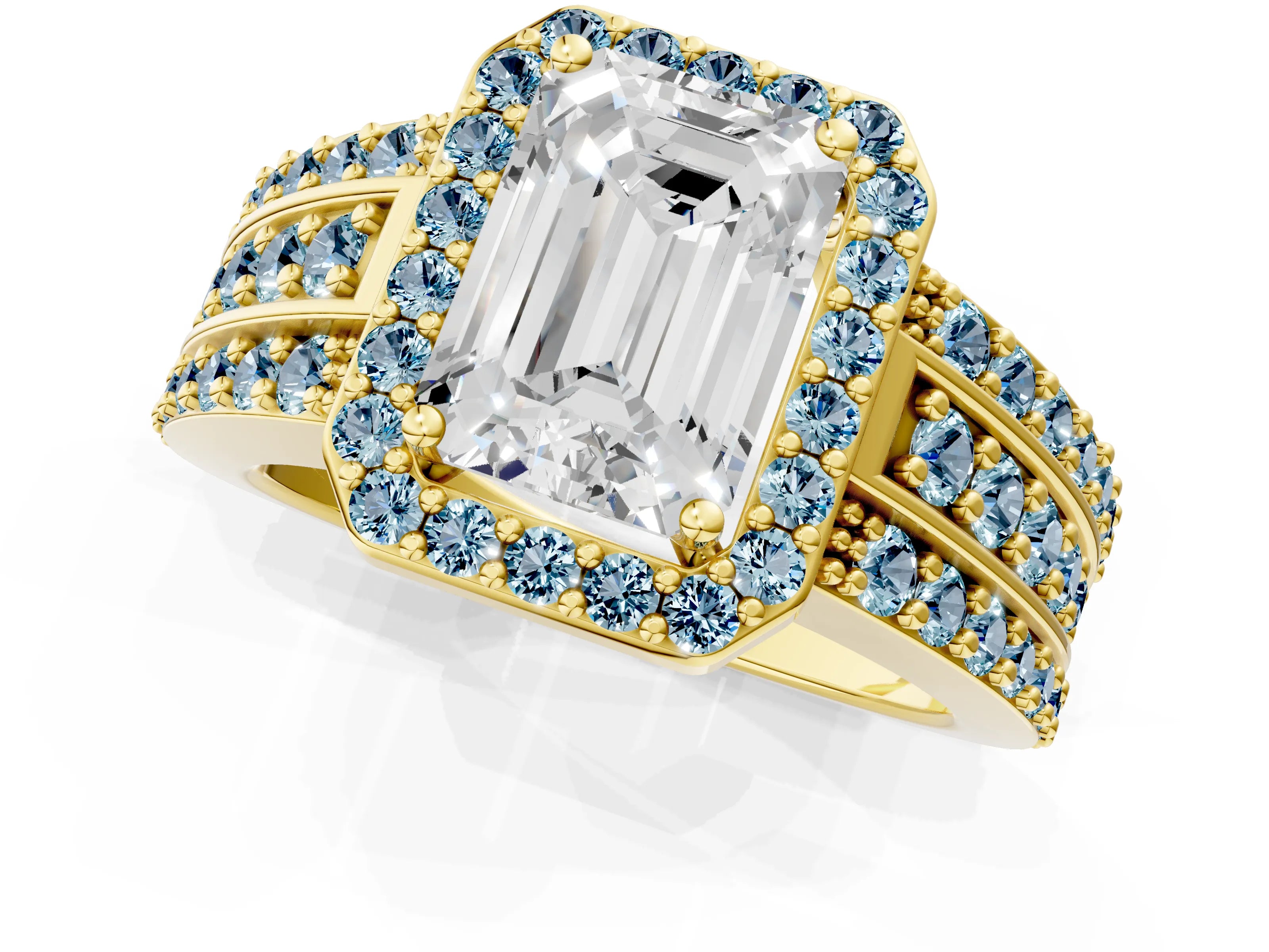 Yellow gold Emerald Cut Halo Diamond Ring with Round with Aquamarine side stone Split Shank and Prong Setting_1