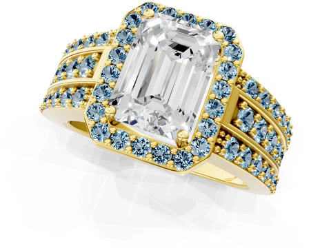 Yellow gold Emerald Cut Halo Diamond Ring with Round with Aquamarine side stone Split Shank and Prong Setting_1