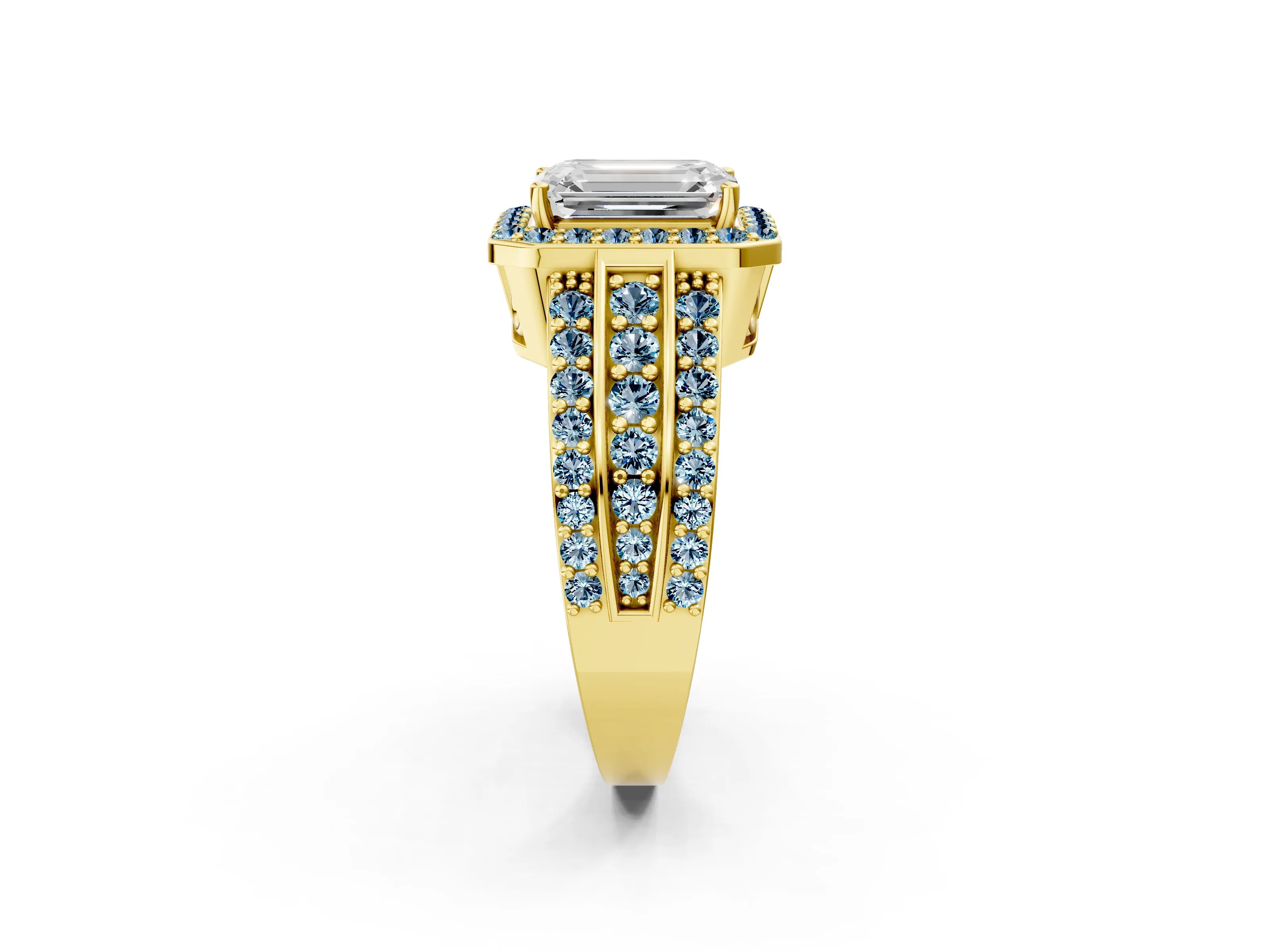 Yellow gold Emerald Cut Halo Diamond Ring with Round with Aquamarine side stone Split Shank and Prong Setting_2