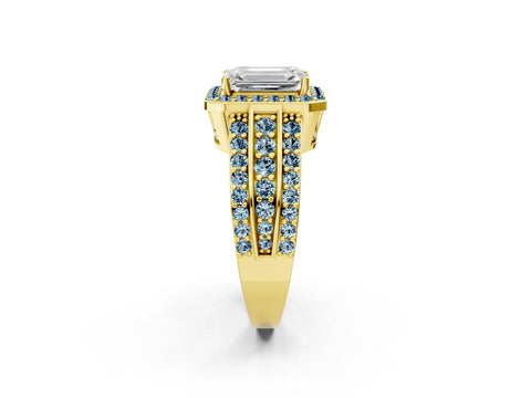 Yellow gold Emerald Cut Halo Diamond Ring with Round with Aquamarine side stone Split Shank and Prong Setting_2