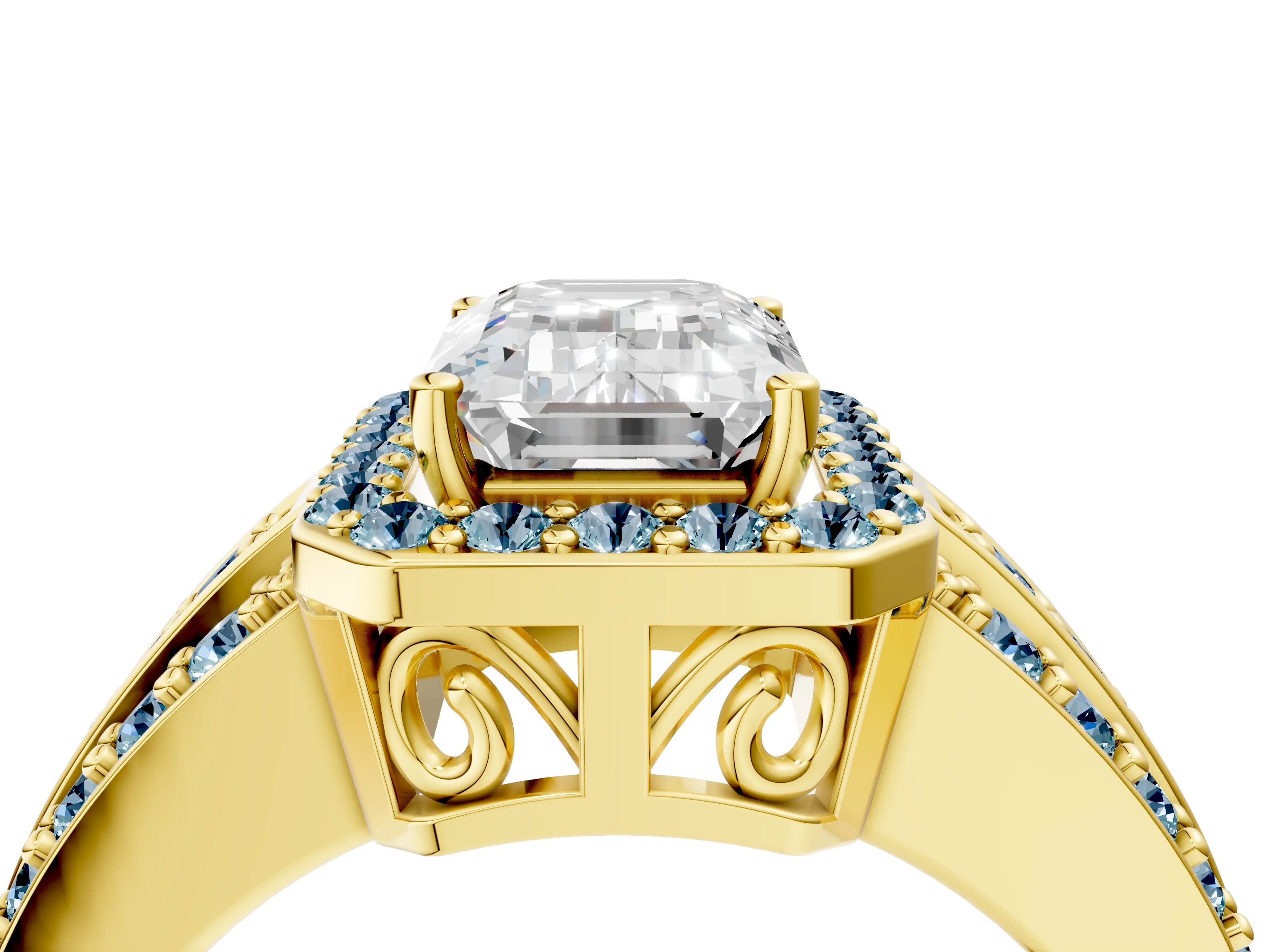 Yellow gold Emerald Cut Halo Diamond Ring with Round with Aquamarine side stone Split Shank and Prong Setting_4