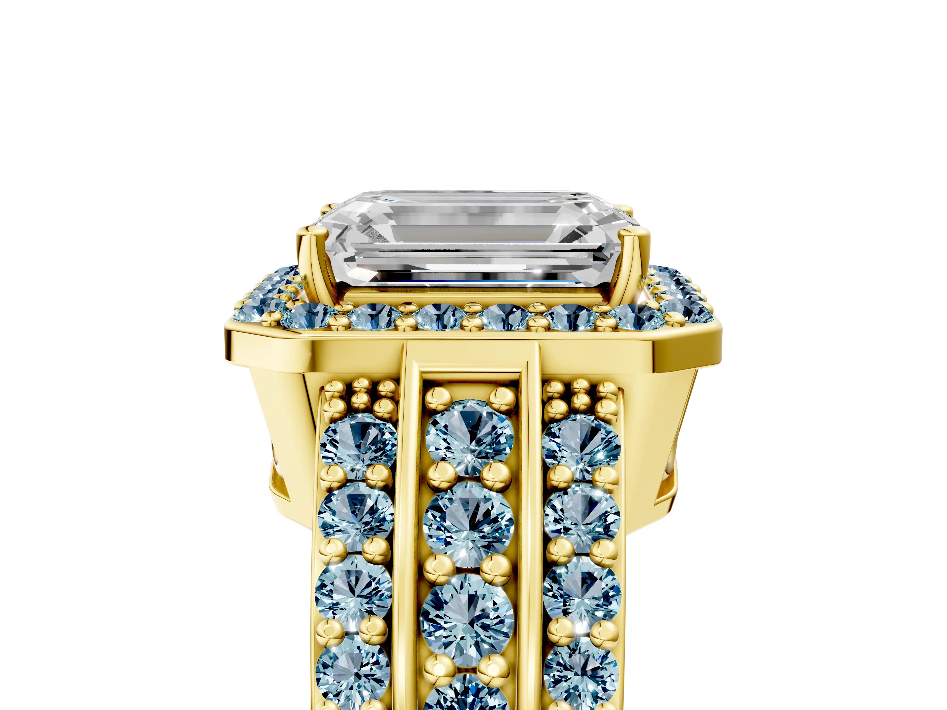 Yellow gold Emerald Cut Halo Diamond Ring with Round with Aquamarine side stone Split Shank and Prong Setting_5