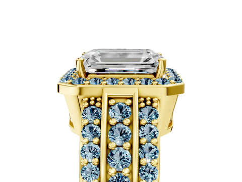 Yellow gold Emerald Cut Halo Diamond Ring with Round with Aquamarine side stone Split Shank and Prong Setting_5