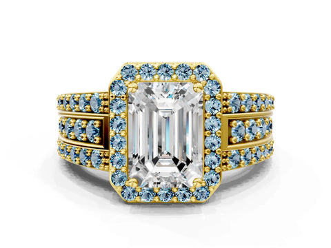 Yellow gold Emerald Cut Halo Diamond Ring with Round with Aquamarine side stone Split Shank and Prong Setting