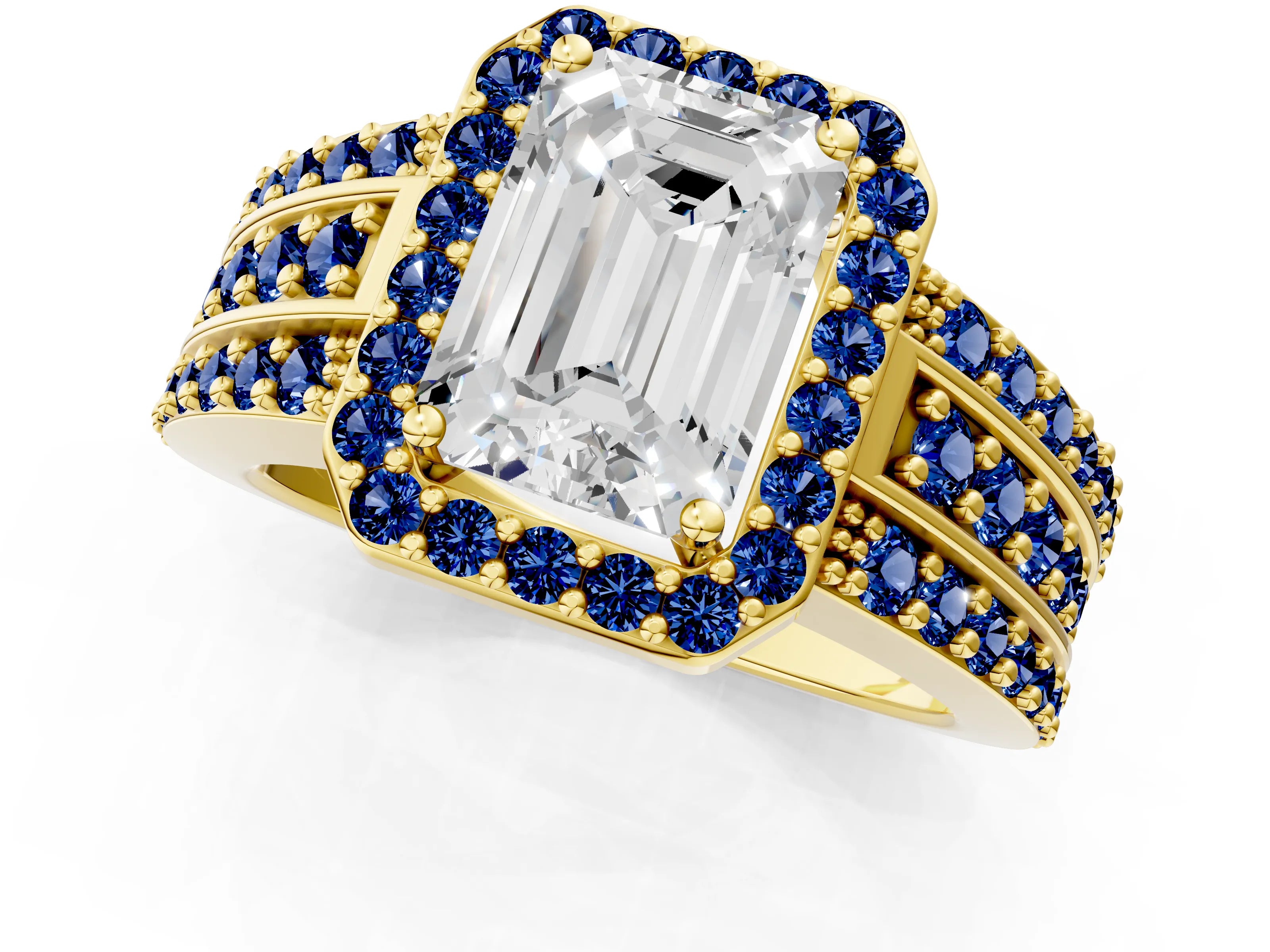 Yellow gold Emerald Cut Halo Diamond Ring with Round with Blue Sapphire side stone Split Shank and Prong Setting_1