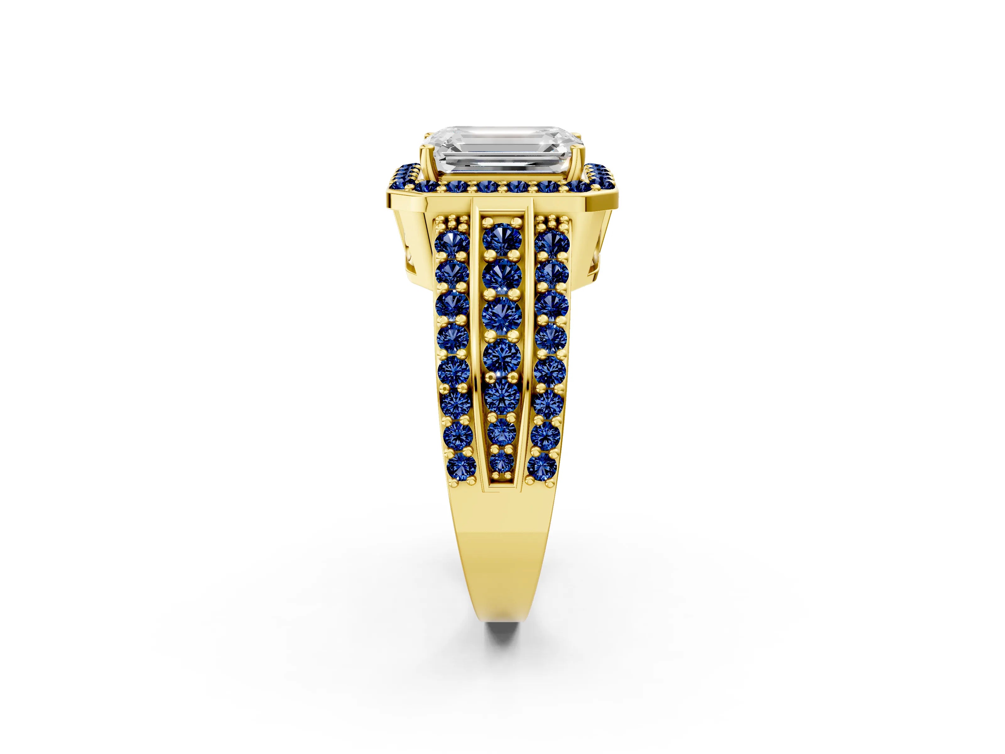 Yellow gold Emerald Cut Halo Diamond Ring with Round with Blue Sapphire side stone Split Shank and Prong Setting_2