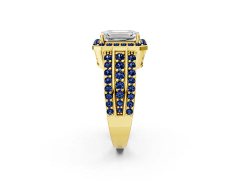Yellow gold Emerald Cut Halo Diamond Ring with Round with Blue Sapphire side stone Split Shank and Prong Setting_2