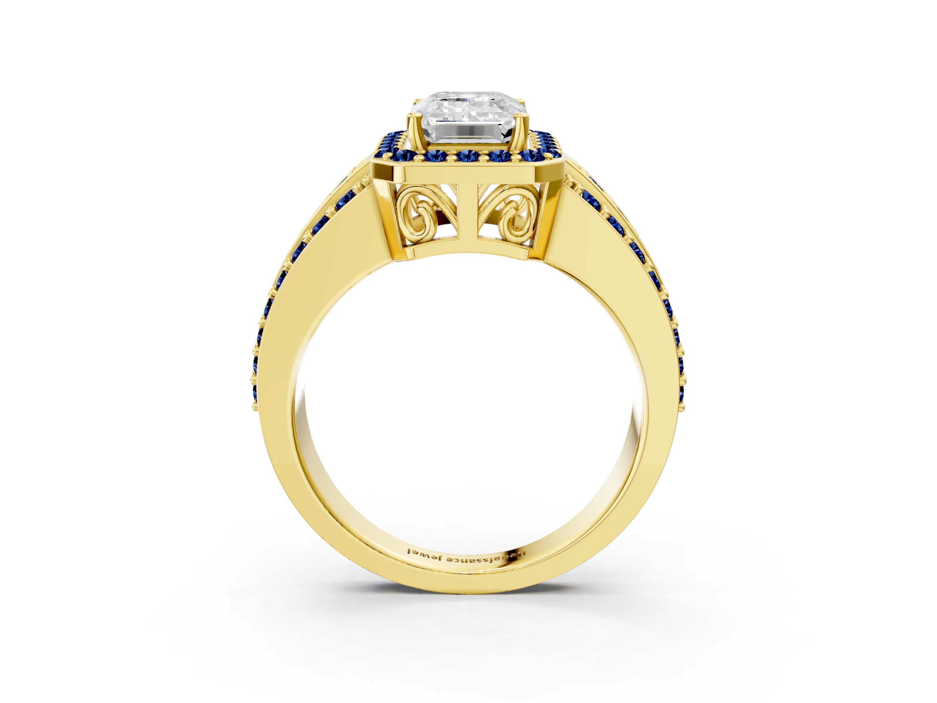 Yellow gold Emerald Cut Halo Diamond Ring with Round with Blue Sapphire side stone Split Shank and Prong Setting_3