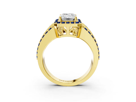 Yellow gold Emerald Cut Halo Diamond Ring with Round with Blue Sapphire side stone Split Shank and Prong Setting_3