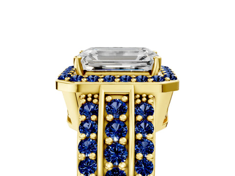 Yellow gold Emerald Cut Halo Diamond Ring with Round with Blue Sapphire side stone Split Shank and Prong Setting_5
