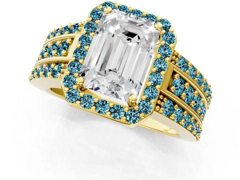 Yellow gold Emerald Cut Halo Diamond Ring with Round with Blue Topaz side stone Split Shank and Prong Setting_1