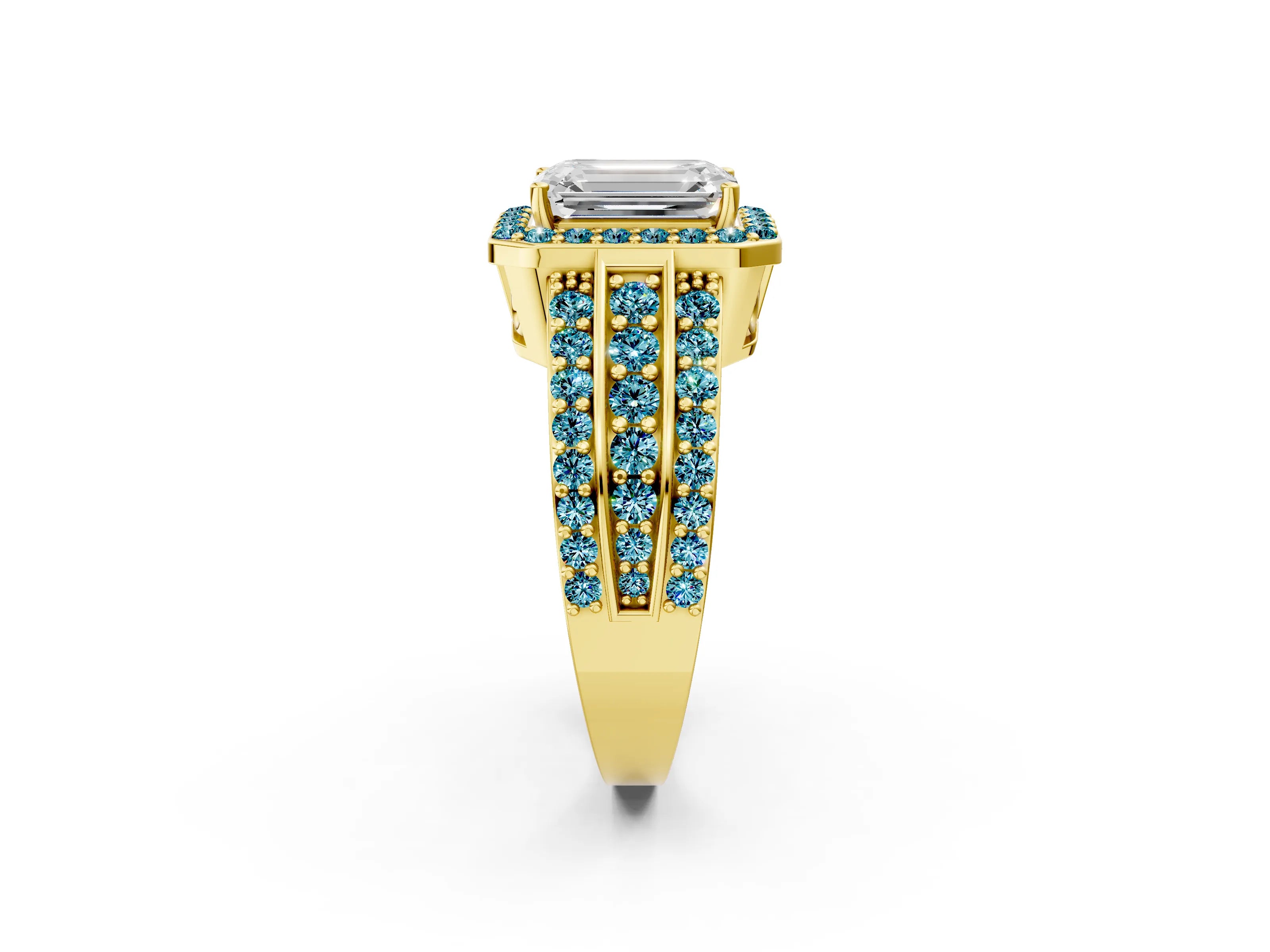 Yellow gold Emerald Cut Halo Diamond Ring with Round with Blue Topaz side stone Split Shank and Prong Setting_2