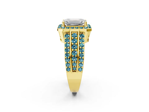 Yellow gold Emerald Cut Halo Diamond Ring with Round with Blue Topaz side stone Split Shank and Prong Setting_2