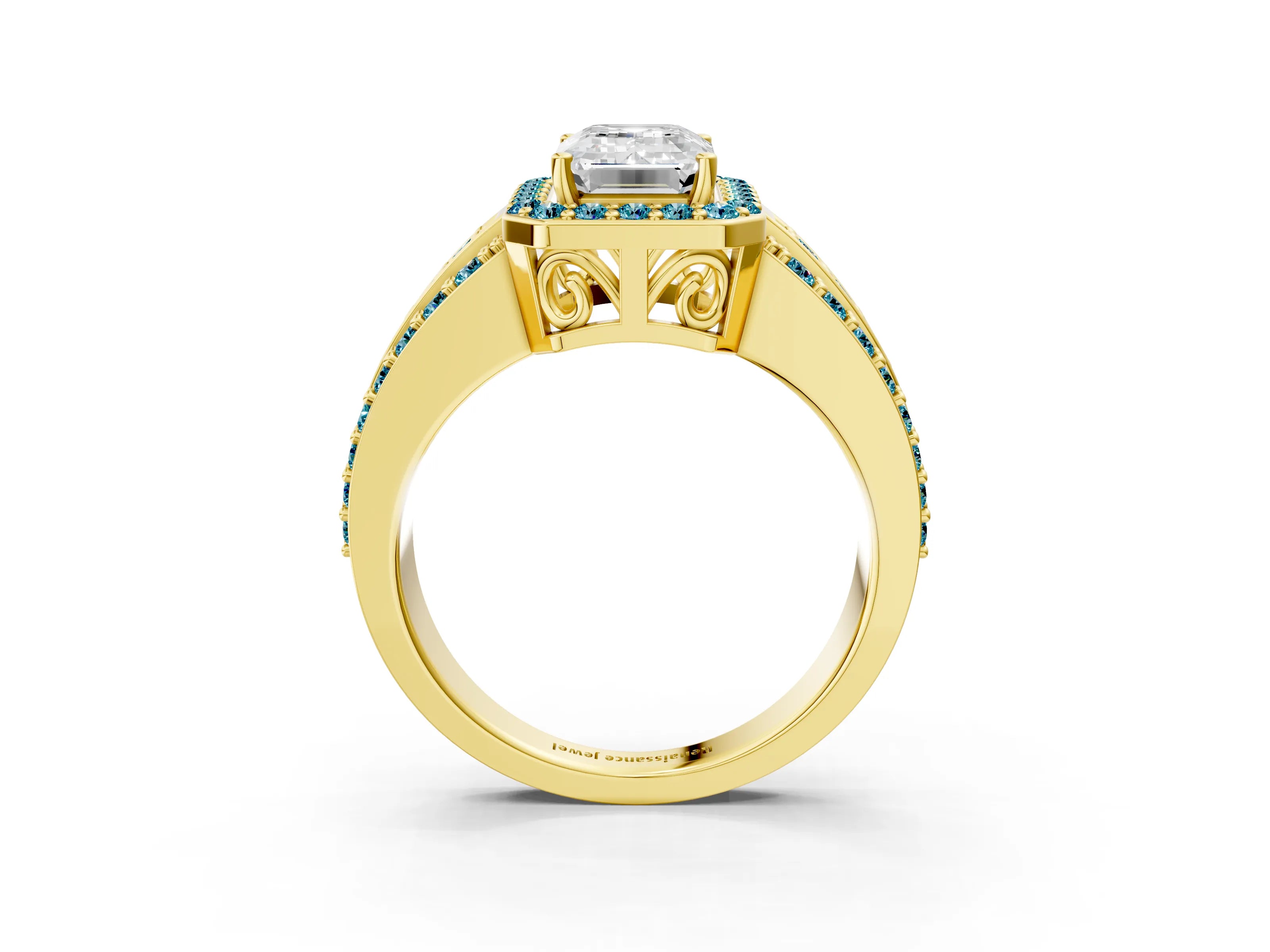 Yellow gold Emerald Cut Halo Diamond Ring with Round with Blue Topaz side stone Split Shank and Prong Setting_3