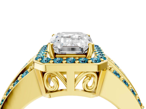 Yellow gold Emerald Cut Halo Diamond Ring with Round with Blue Topaz side stone Split Shank and Prong Setting_4