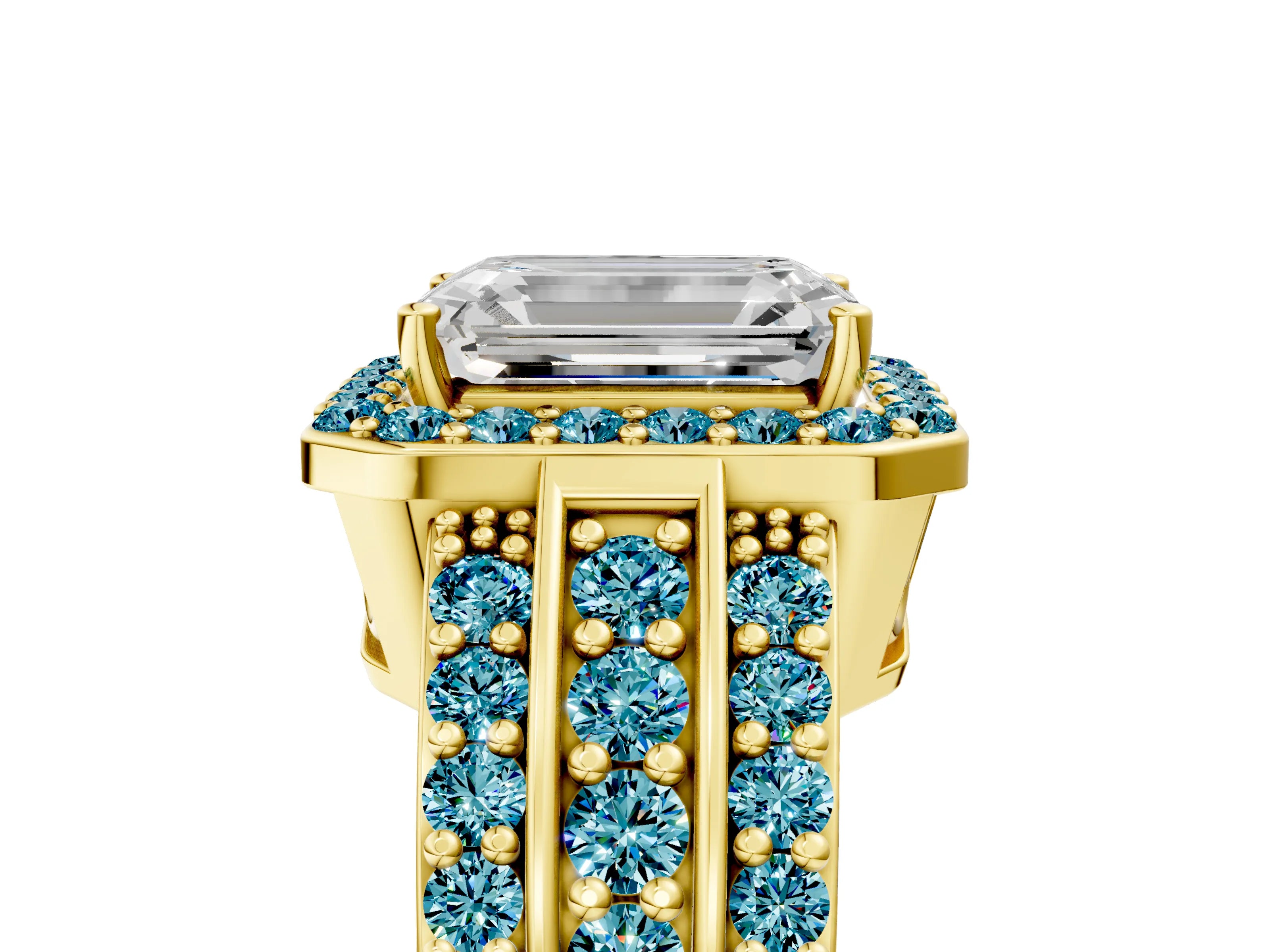 Yellow gold Emerald Cut Halo Diamond Ring with Round with Blue Topaz side stone Split Shank and Prong Setting_5