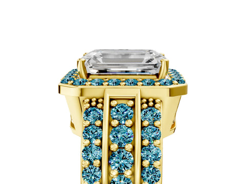 Yellow gold Emerald Cut Halo Diamond Ring with Round with Blue Topaz side stone Split Shank and Prong Setting_5