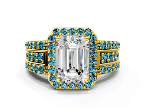 Yellow gold Emerald Cut Halo Diamond Ring with Round with Blue Topaz side stone Split Shank and Prong Setting