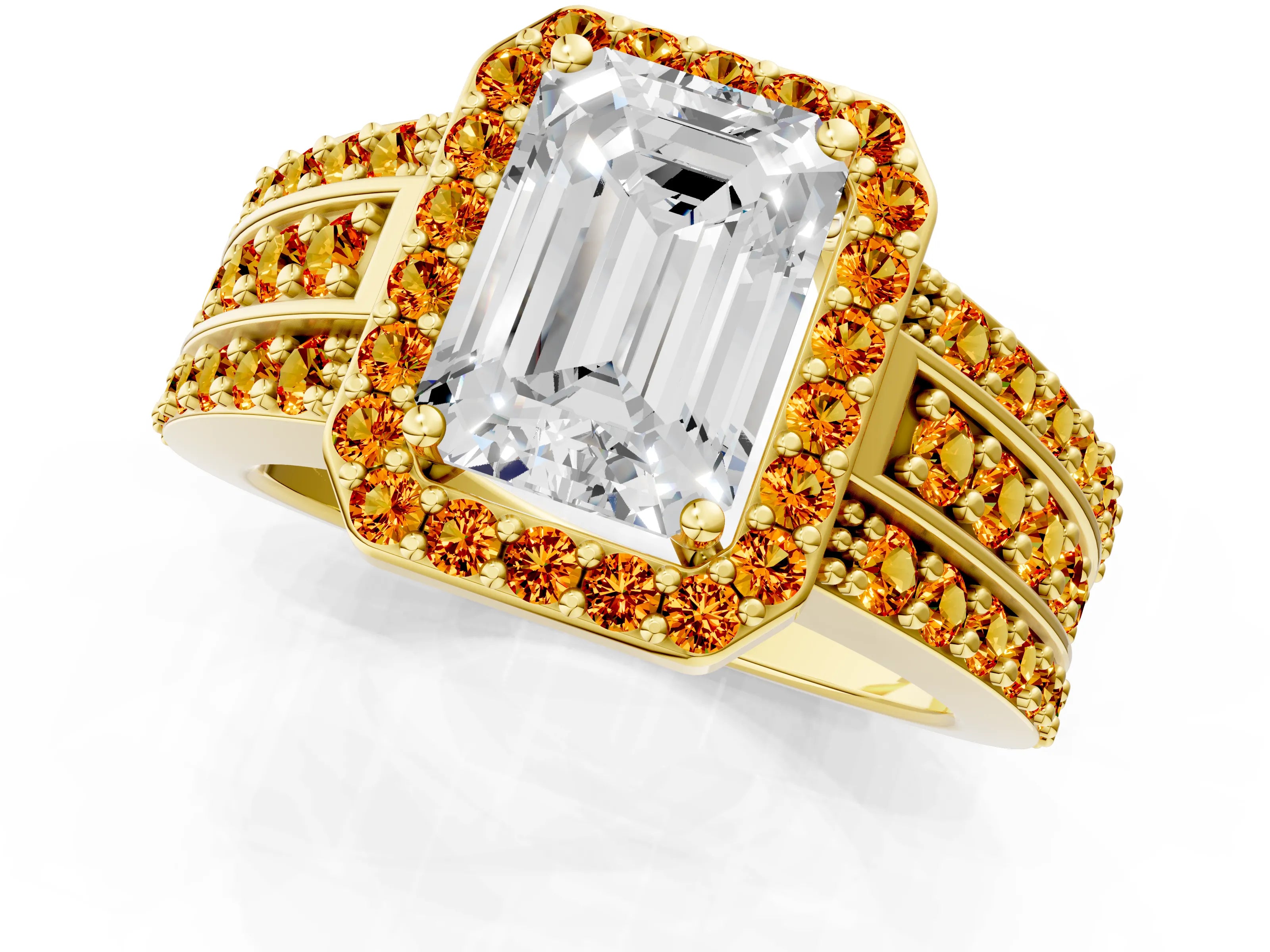 Yellow gold Emerald Cut Halo Diamond Ring with Round with Citrine side stone Split Shank and Prong Setting_1