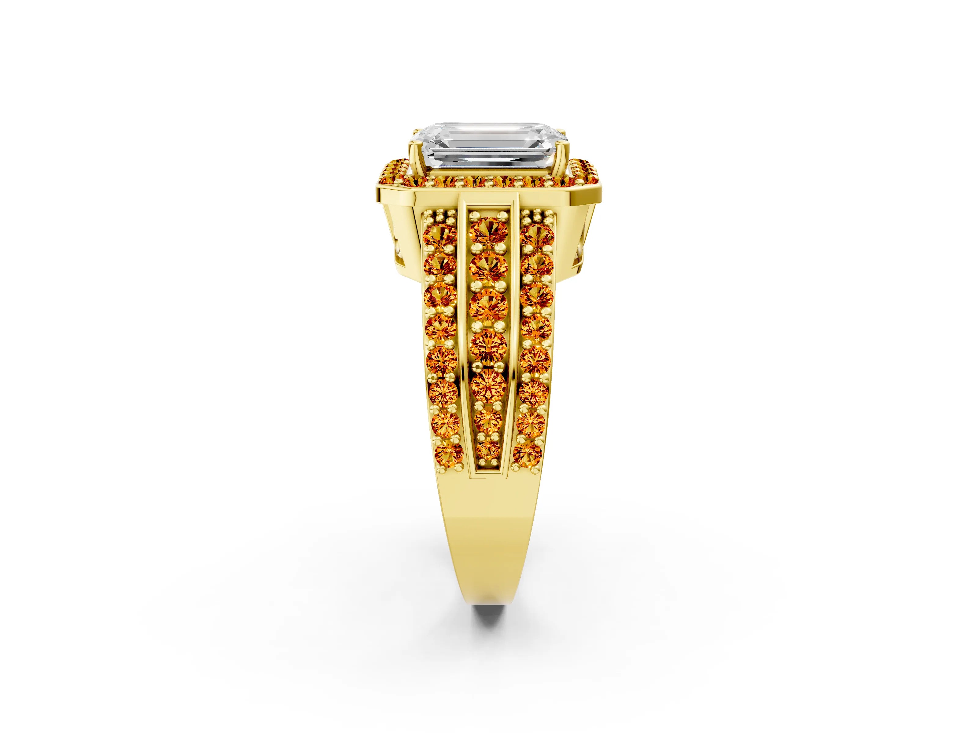 Yellow gold Emerald Cut Halo Diamond Ring with Round with Citrine side stone Split Shank and Prong Setting_2