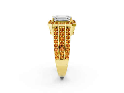 Yellow gold Emerald Cut Halo Diamond Ring with Round with Citrine side stone Split Shank and Prong Setting_2