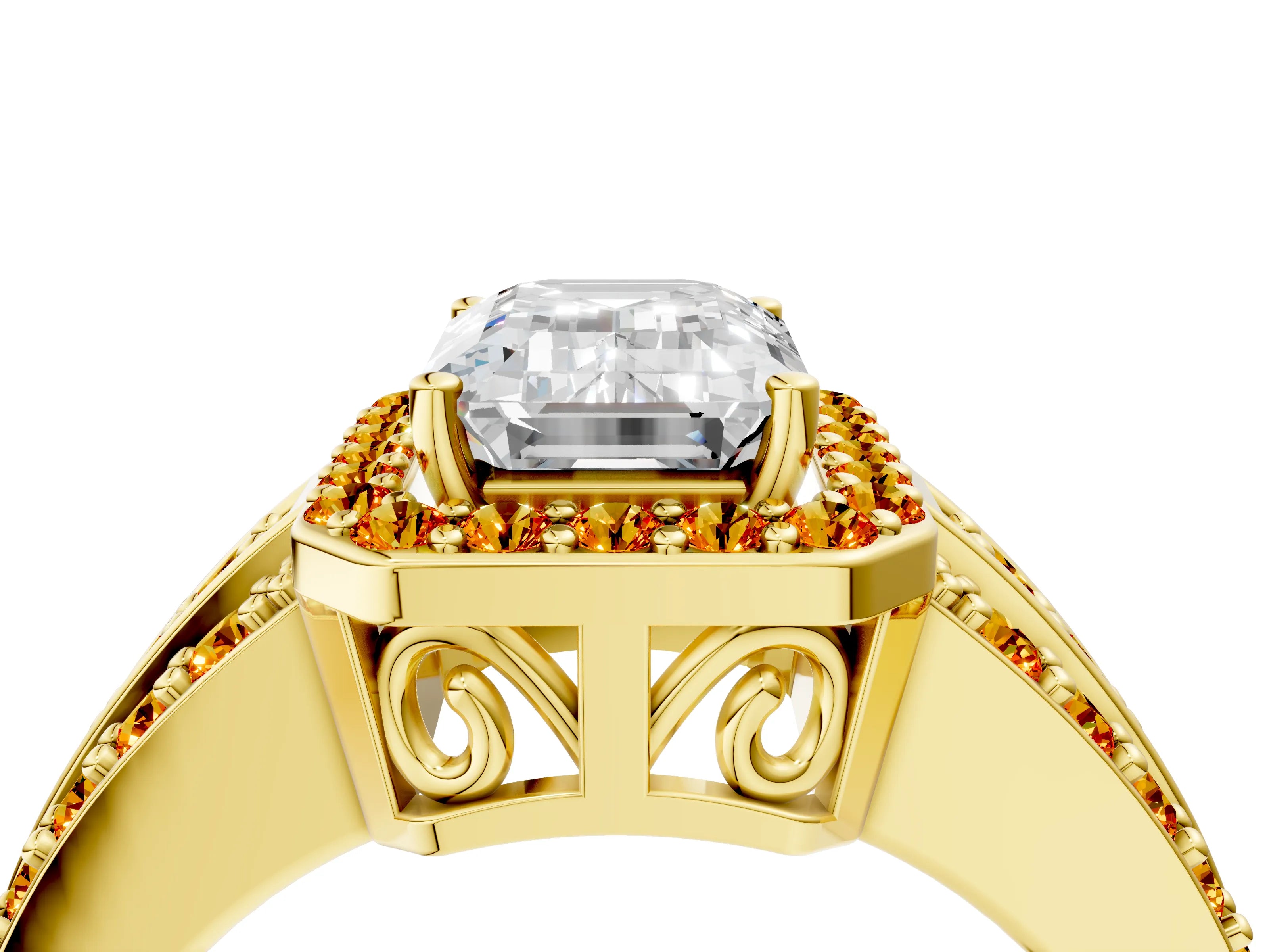 Yellow gold Emerald Cut Halo Diamond Ring with Round with Citrine side stone Split Shank and Prong Setting_4