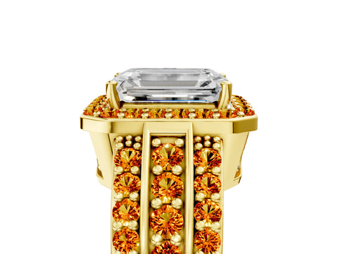 Yellow gold Emerald Cut Halo Diamond Ring with Round with Citrine side stone Split Shank and Prong Setting_5