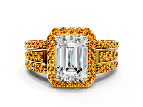 Yellow gold Emerald Cut Halo Diamond Ring with Round with Citrine side stone Split Shank and Prong Setting