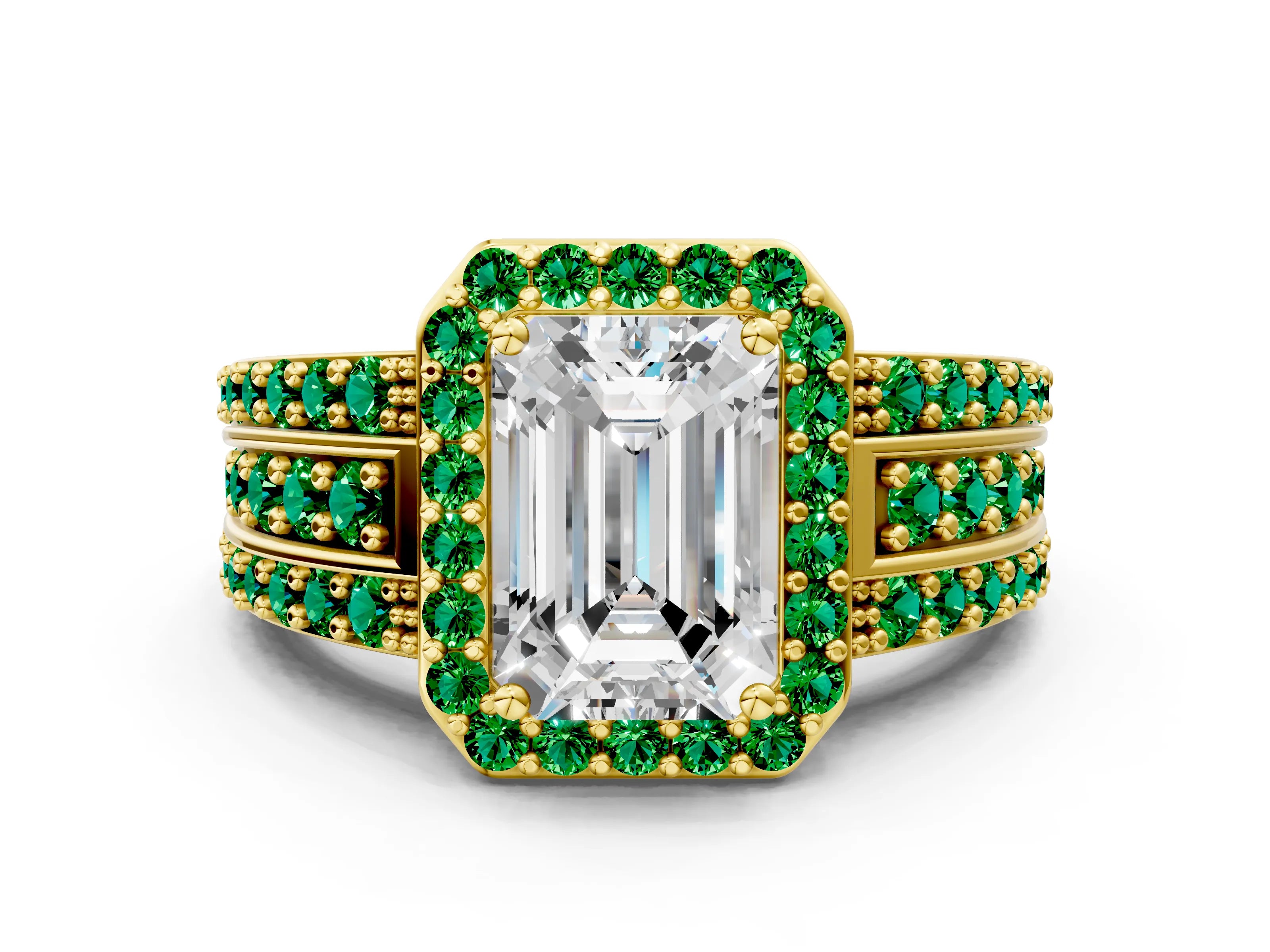 Yellow gold Emerald Cut Halo Diamond Ring with Round with Emerald side stone Split Shank and Prong Setting