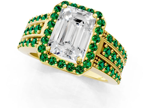 Yellow gold Emerald Cut Halo Diamond Ring with Round with Emerald side stone Split Shank and Prong Setting_1