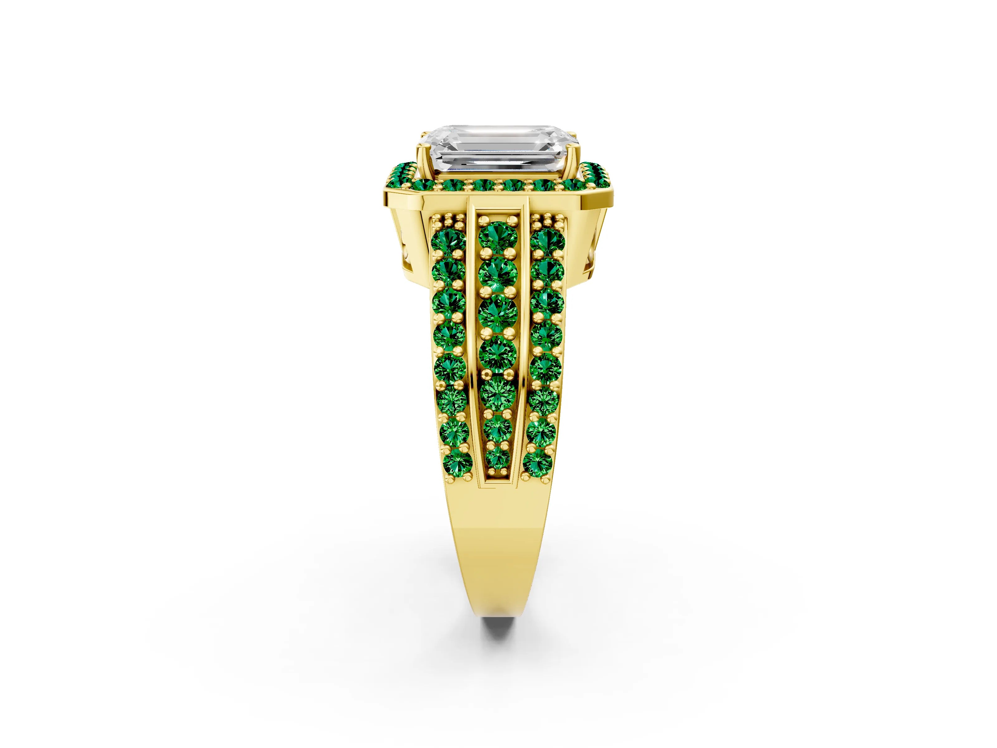 Yellow gold Emerald Cut Halo Diamond Ring with Round with Emerald side stone Split Shank and Prong Setting_2
