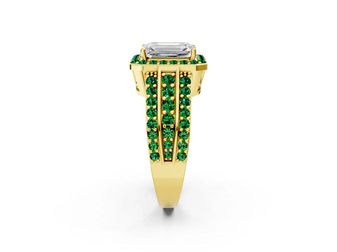 Yellow gold Emerald Cut Halo Diamond Ring with Round with Emerald side stone Split Shank and Prong Setting_2