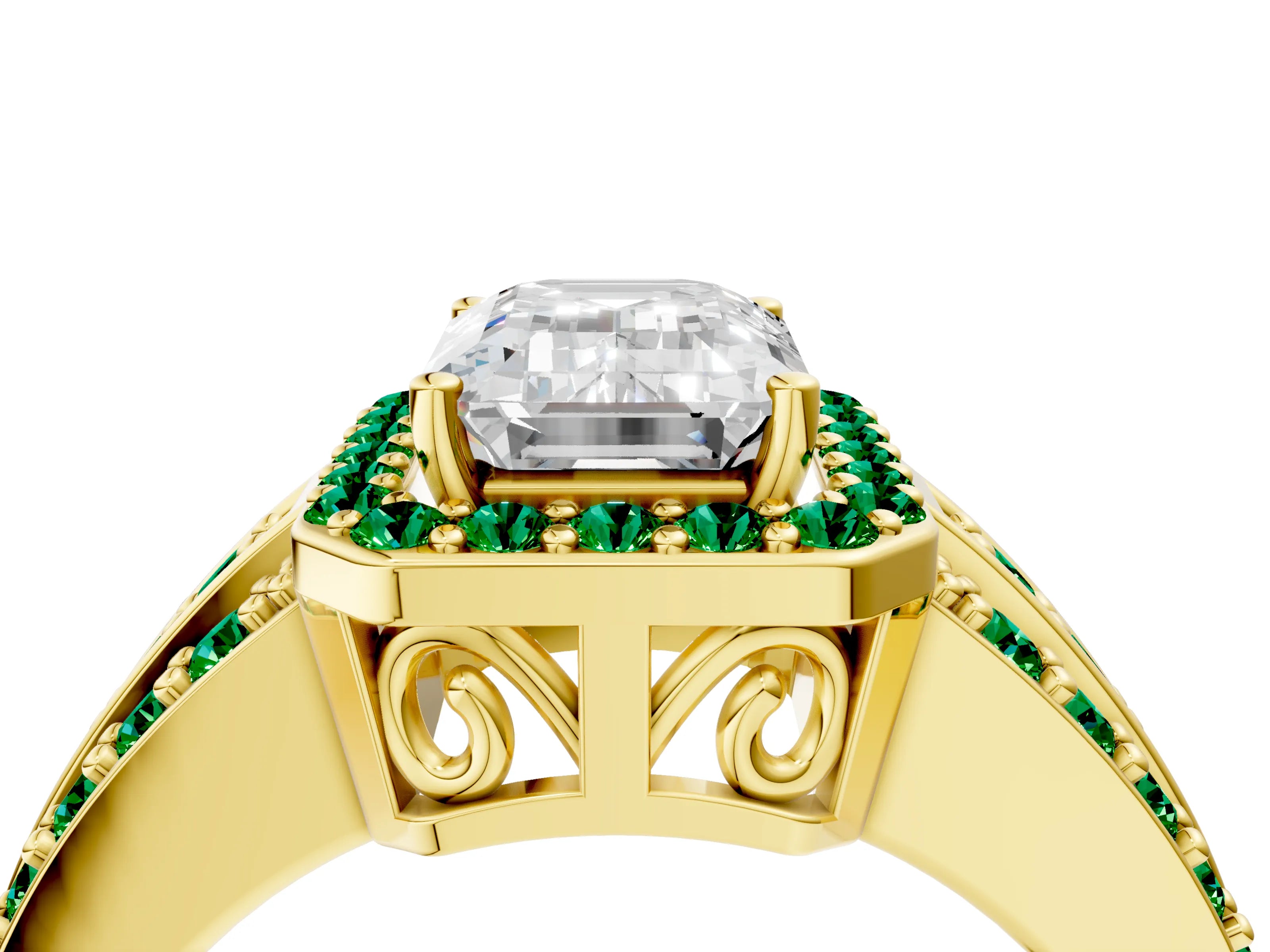 Yellow gold Emerald Cut Halo Diamond Ring with Round with Emerald side stone Split Shank and Prong Setting_4