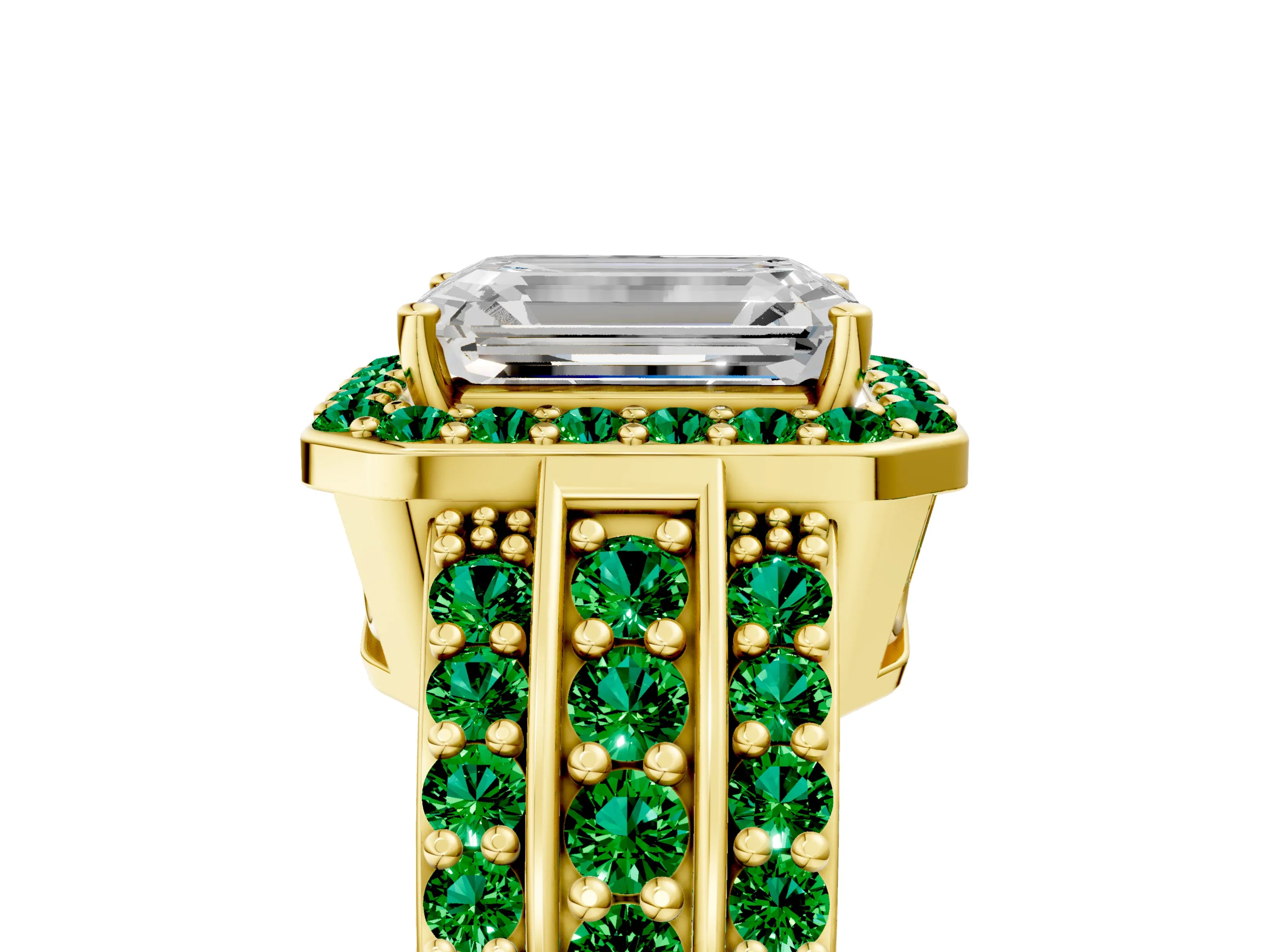 Yellow gold Emerald Cut Halo Diamond Ring with Round with Emerald side stone Split Shank and Prong Setting_5