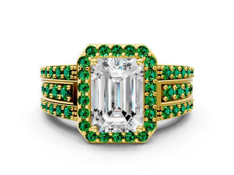 Yellow gold Emerald Cut Halo Diamond Ring with Round with Emerald side stone Split Shank and Prong Setting