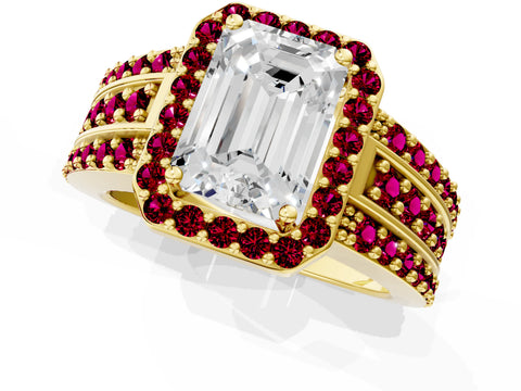 Yellow gold Emerald Cut Halo Diamond Ring with Round with Garnet side stone Split Shank and Prong Setting_1