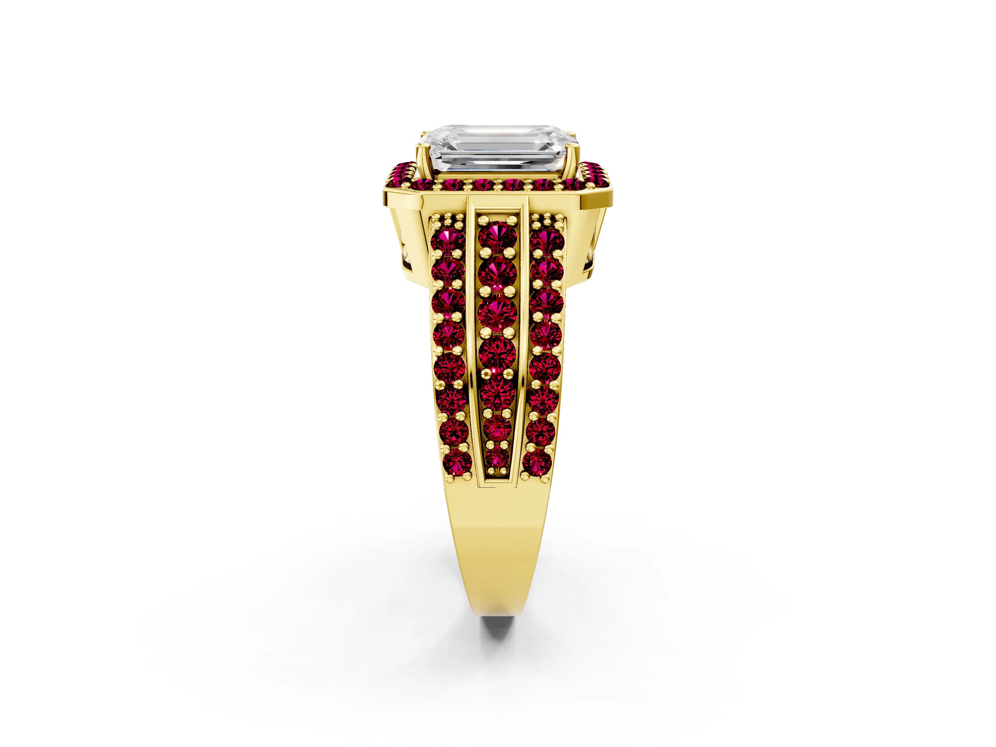 Yellow gold Emerald Cut Halo Diamond Ring with Round with Garnet side stone Split Shank and Prong Setting_2