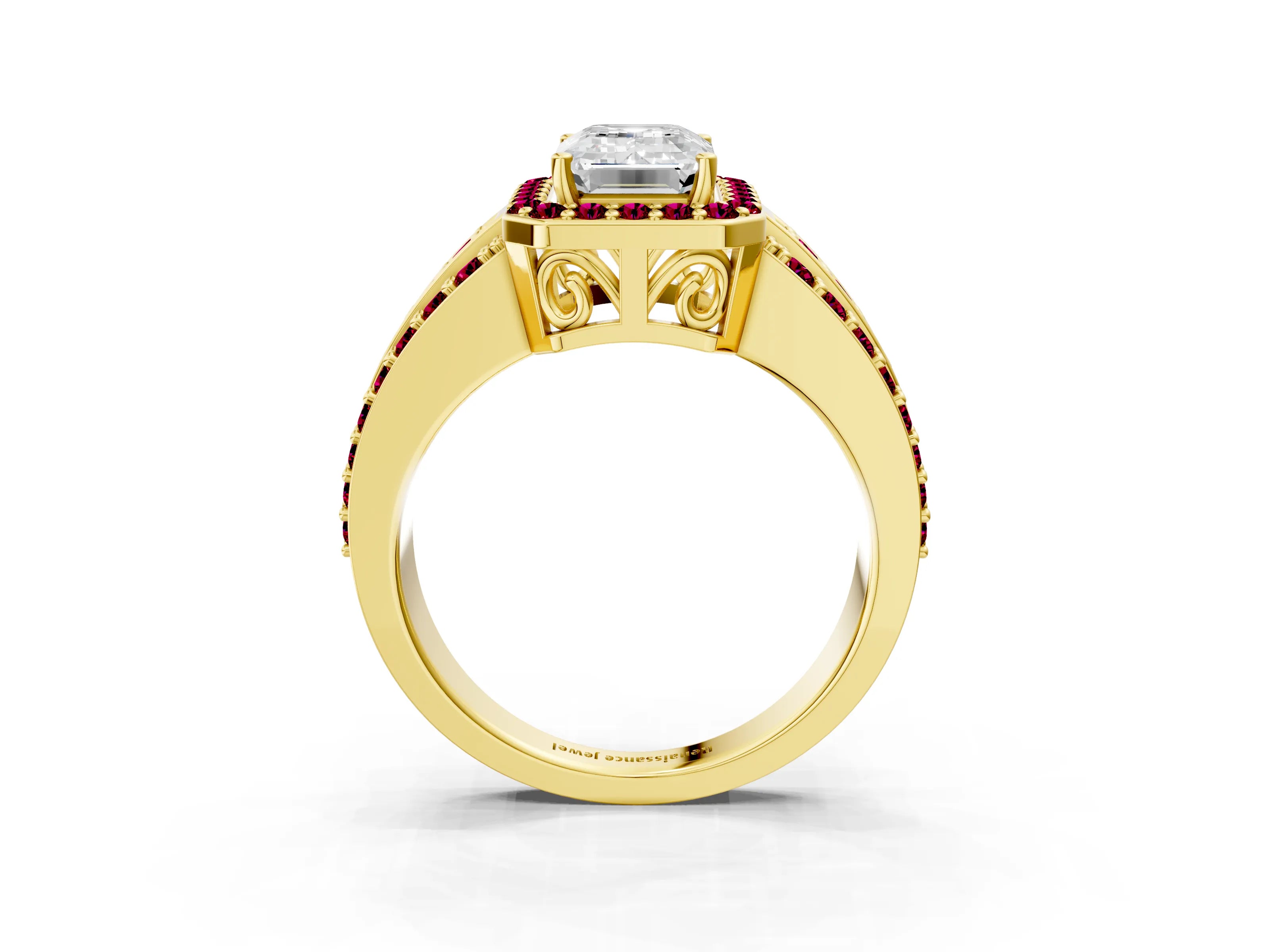 Yellow gold Emerald Cut Halo Diamond Ring with Round with Garnet side stone Split Shank and Prong Setting_3