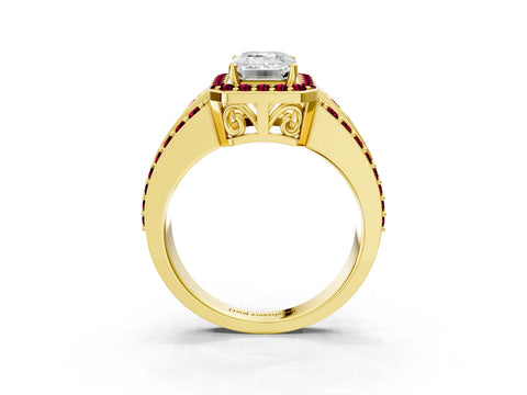 Yellow gold Emerald Cut Halo Diamond Ring with Round with Garnet side stone Split Shank and Prong Setting_3
