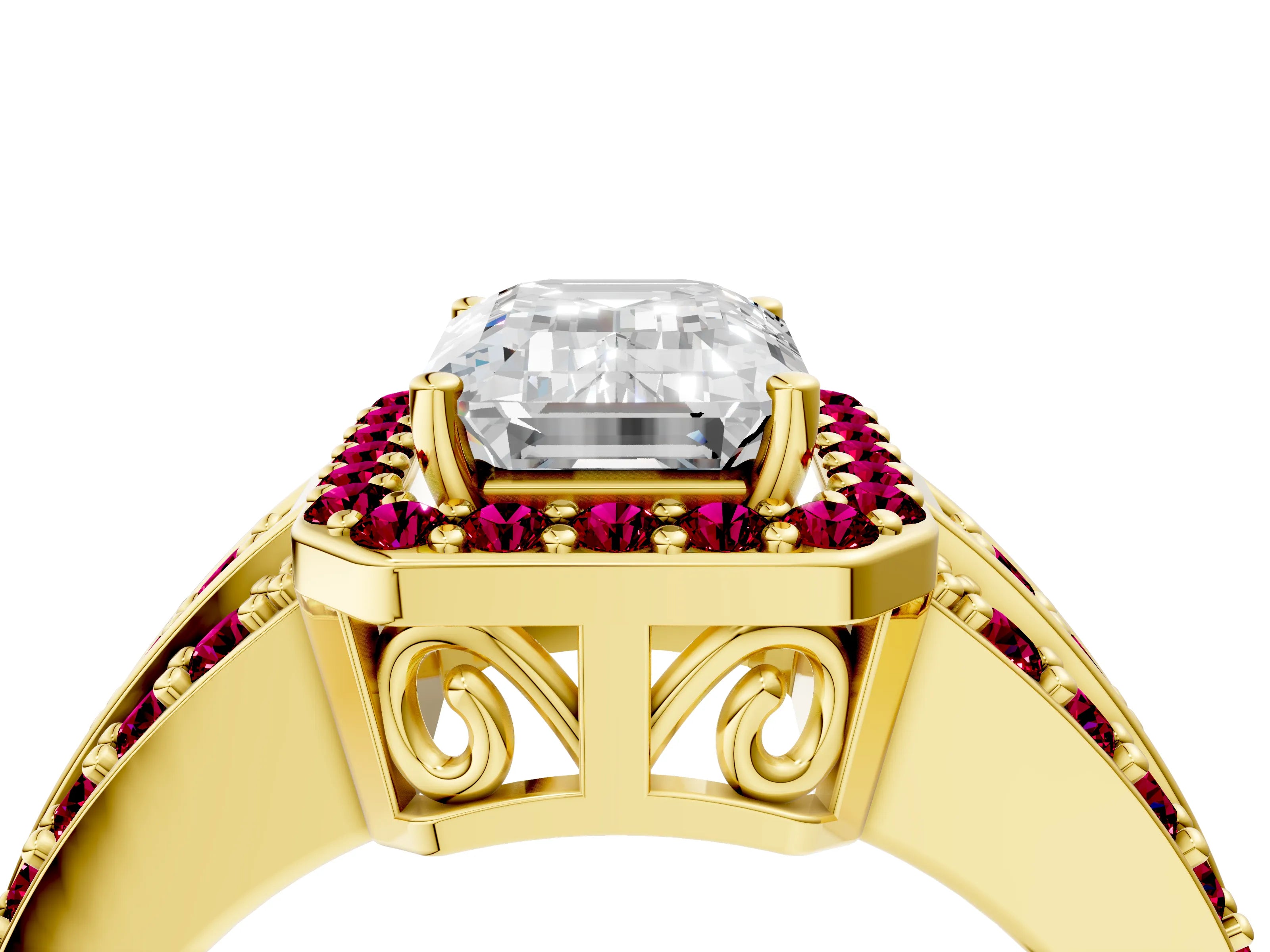 Yellow gold Emerald Cut Halo Diamond Ring with Round with Garnet side stone Split Shank and Prong Setting_4