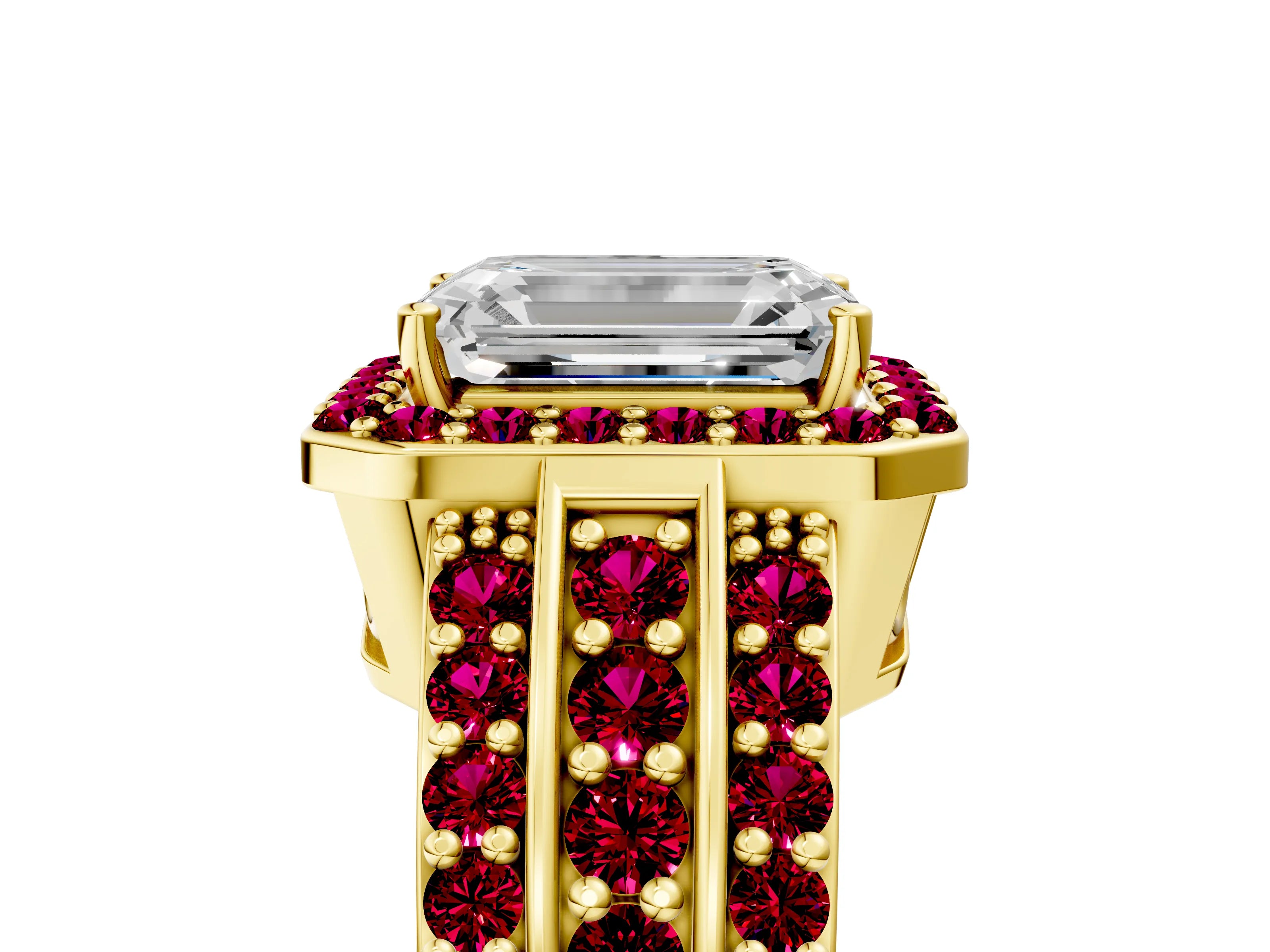 Yellow gold Emerald Cut Halo Diamond Ring with Round with Garnet side stone Split Shank and Prong Setting_5